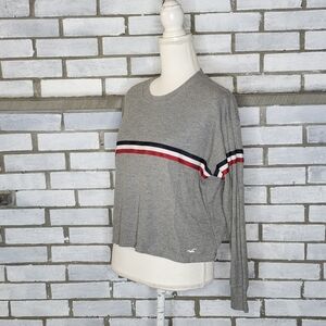 Hollister Women’s Size XS Gray Striped Boyfriend Tee Waffle Cropped Long Sleeve
